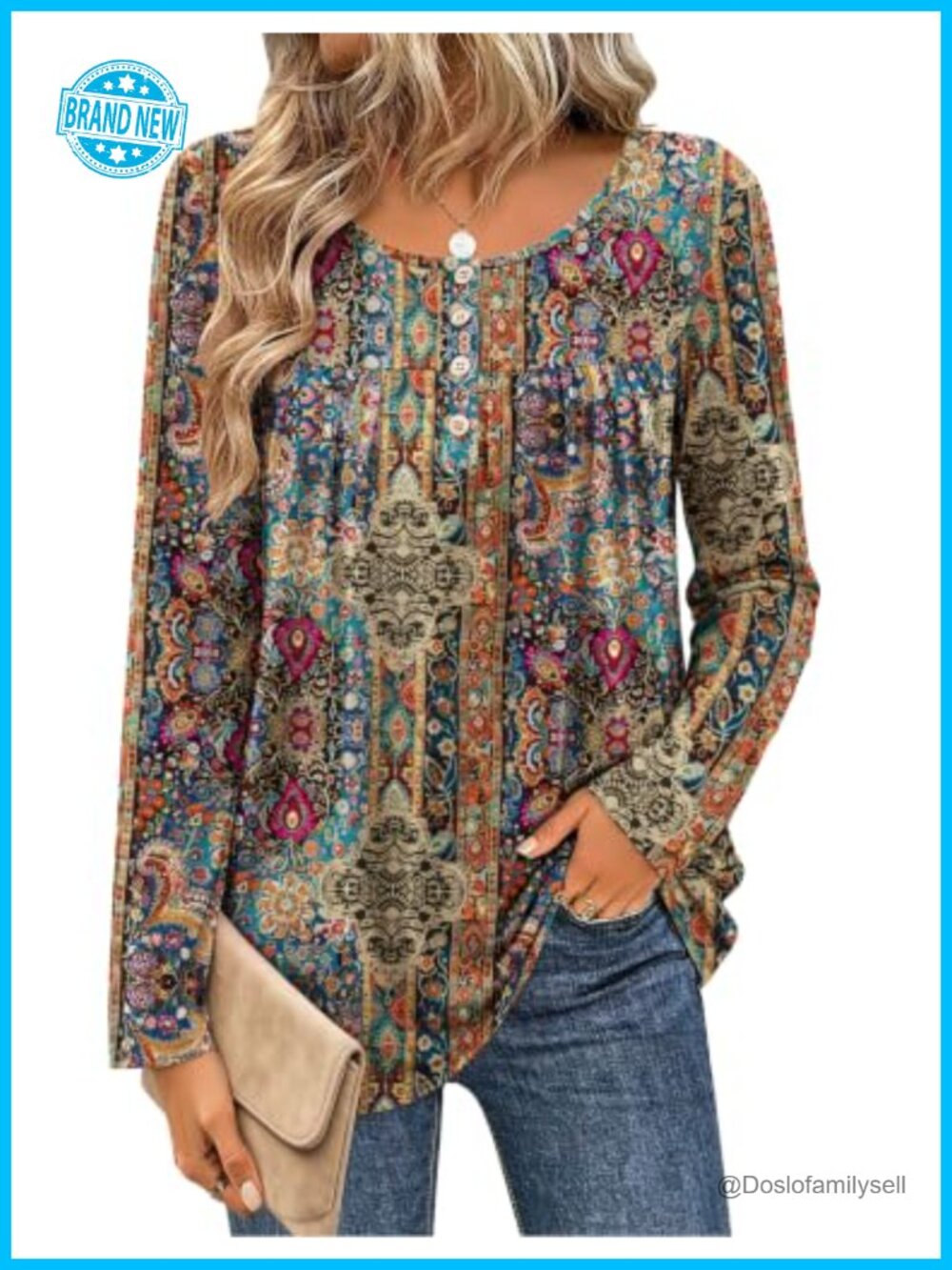Women's Long Sleeve Floral Tunic Top Button Down Loose Fit Blouse